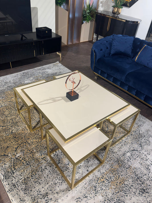 Cinar Soffbord 4+1 - Beige Träd Guld Ben