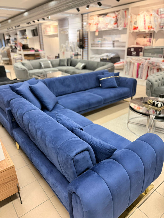 Bold Hörnsoffa - Blå med Guld Ben