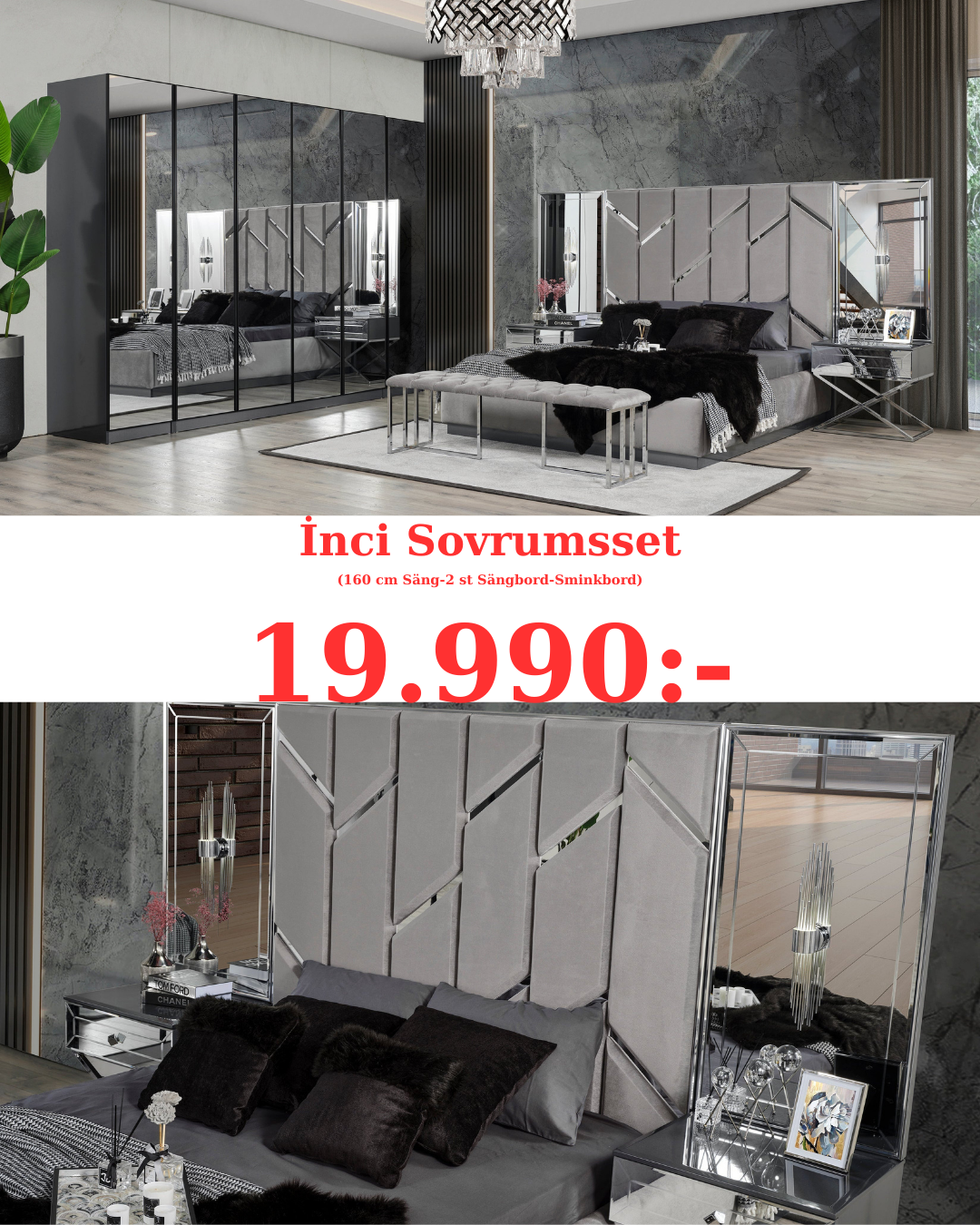 Inci Sovrumsset(180 cm Säng-2 st Sängbord med Överdelen -Sminkbord-Spegel)