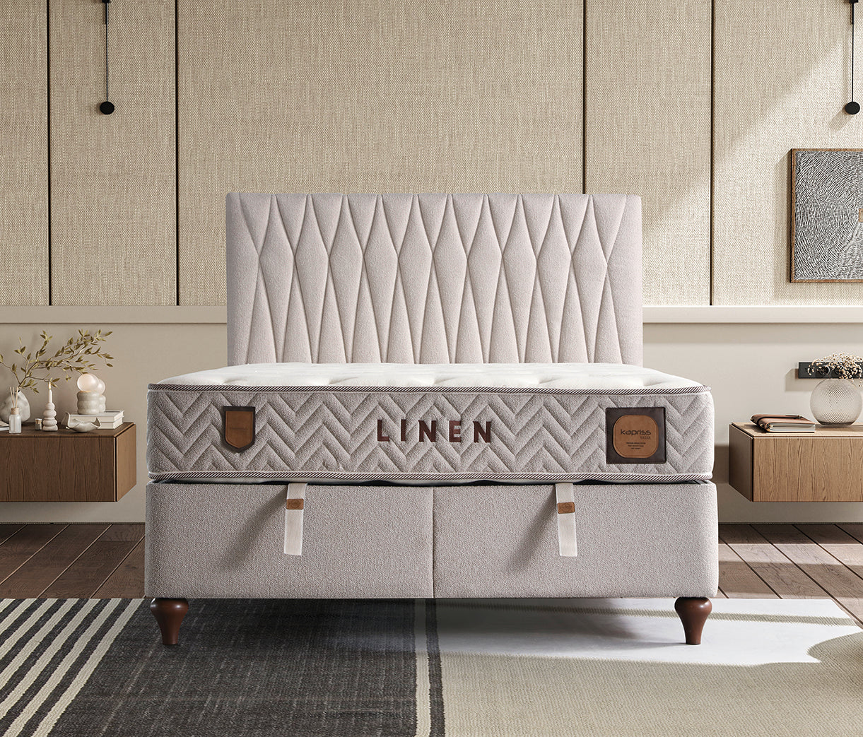 Linen Säng-Huvudgavel-Madrass-Förvaring