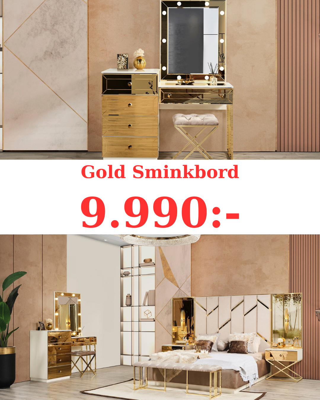 Gold Sminkbord med Spegel