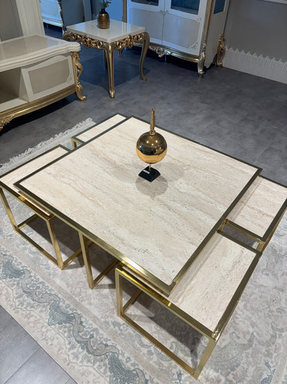Cinar Soffbord 4+1 - Beige Träd med Guld Ben