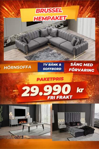 🔟 Brussel HemPaket (Hörnsoffa – TV-bänk – Soffbord – Säng med förvaring)