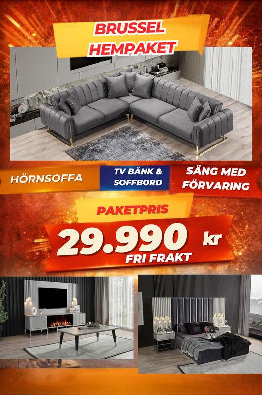 🔟 Brussel HemPaket (Hörnsoffa – TV-bänk – Soffbord – Säng med förvaring)