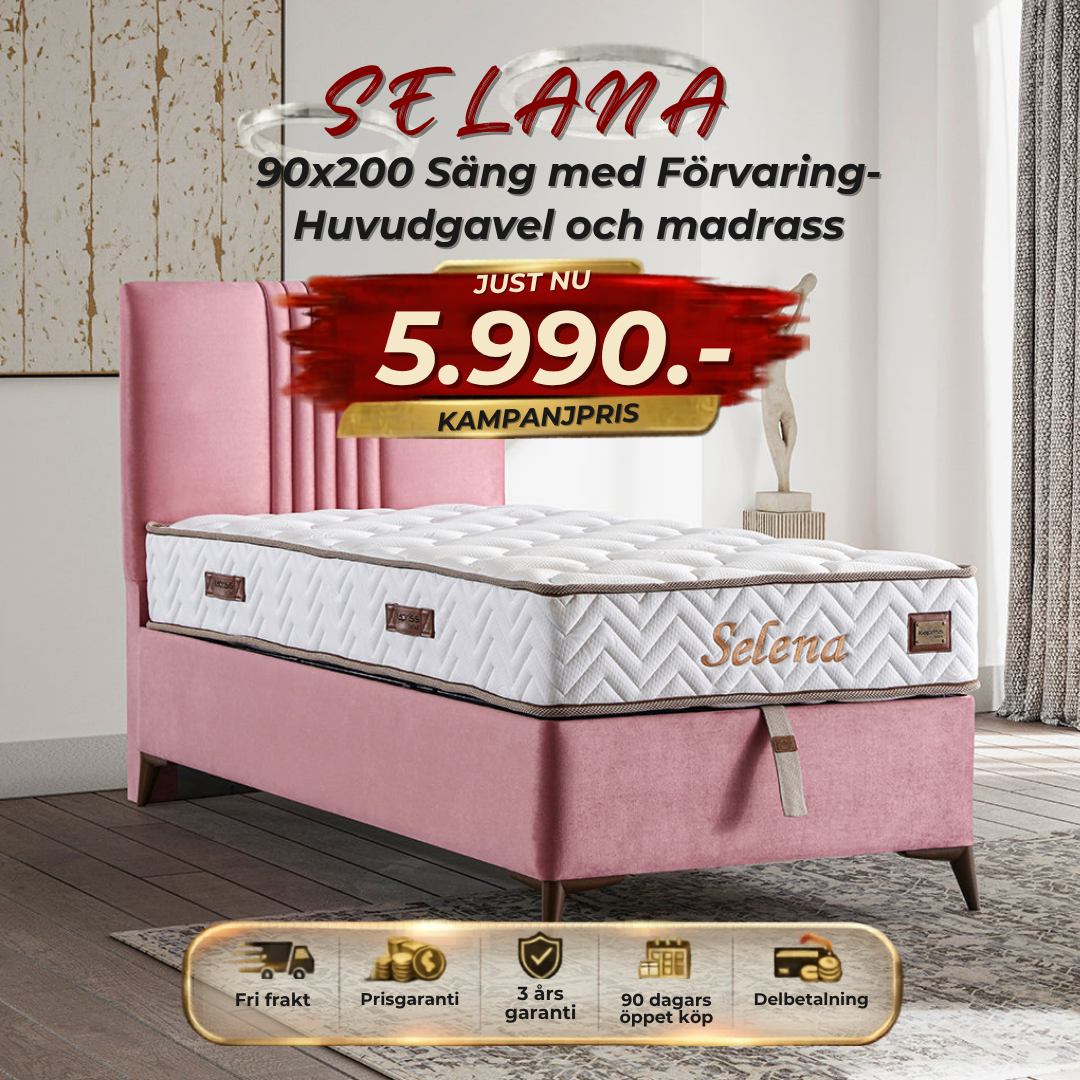 ⭐ SELANA 90x200 Sängpaket – med förvaring, huvudgavel och madrass ⏳ Begränsat antal