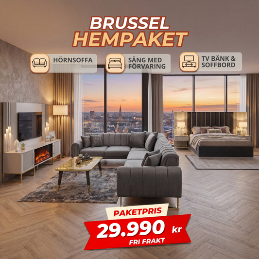🔟 Brussel HemPaket (Hörnsoffa – TV-bänk – Soffbord – Säng med förvaring)