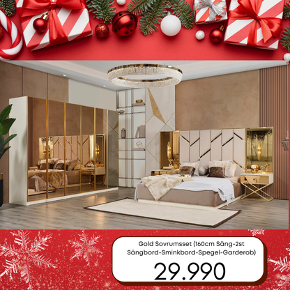 Gold Sovrumsset (160 cm Säng-2st Sängbord-Sminkbord-Spegel-Garderob)
