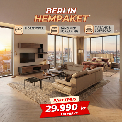 1️⃣1️⃣ Berlin HemPaket (Hörnsoffa – TV-bänk – Soffbord – Säng med förvaring)