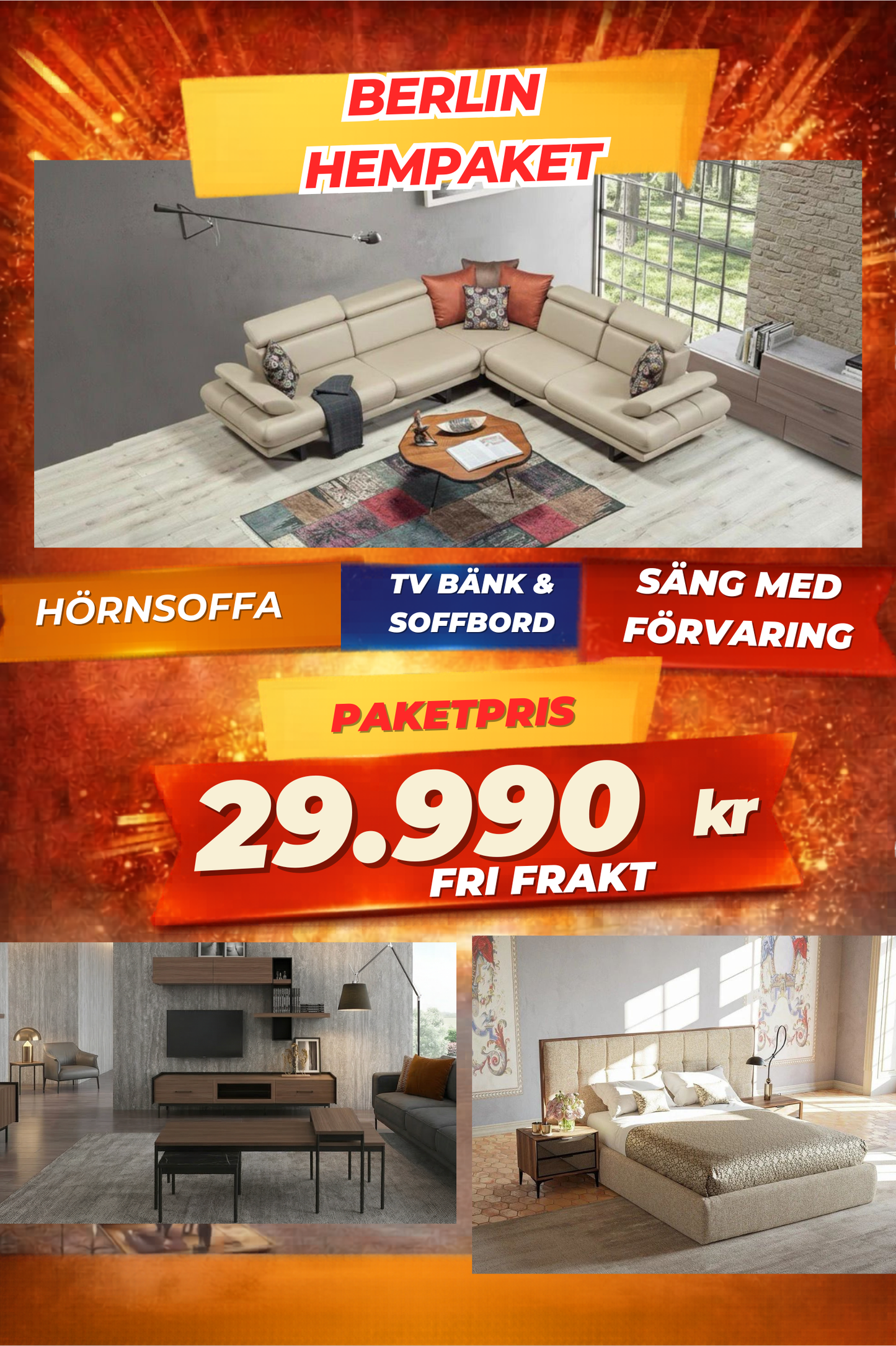 1️⃣1️⃣ Berlin HemPaket (Hörnsoffa – TV-bänk – Soffbord – Säng med förvaring)