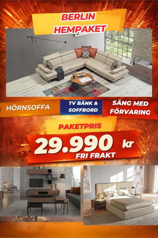 1️⃣1️⃣ Berlin HemPaket (Hörnsoffa – TV-bänk – Soffbord – Säng med förvaring)