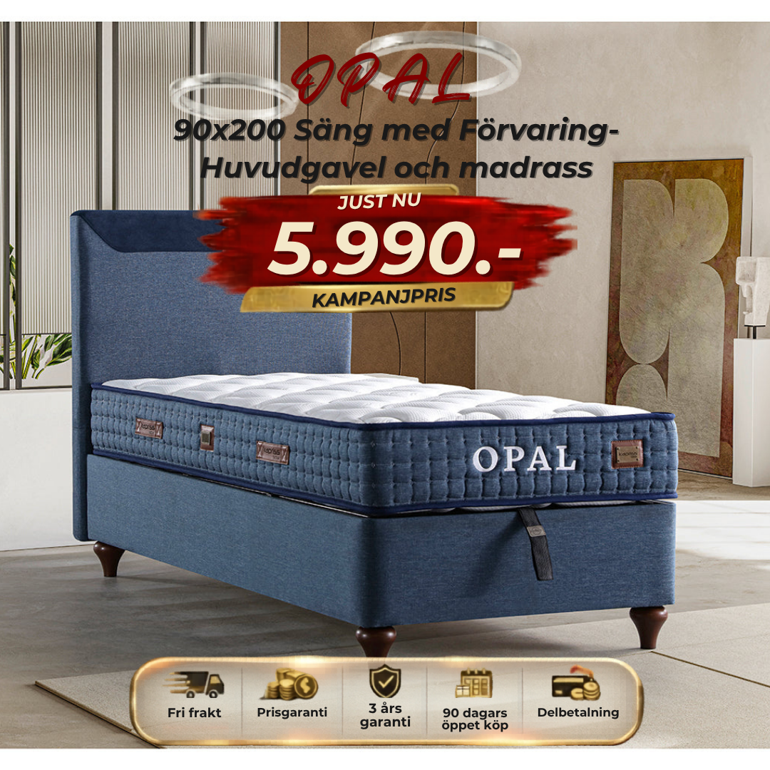 ⭐ OPAL 90x200 Sängpaket – med förvaring, huvudgavel och madrass ⏳ Begränsat antal