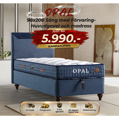 ⭐ OPAL 90x200 Sängpaket – med förvaring, huvudgavel och madrass ⏳ Begränsat antal
