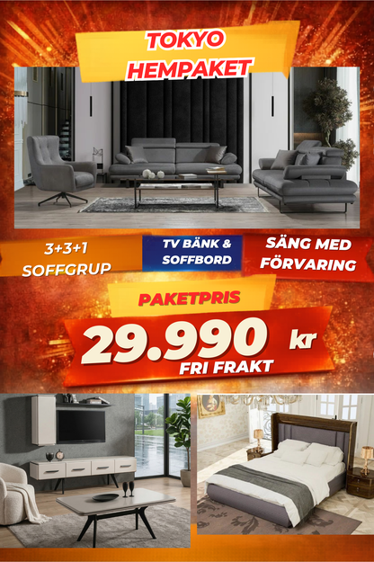 1️⃣2️⃣ Tokyo HemPaket (Soffgrupp – TV-bänk – Soffbord – Säng med förvaring)