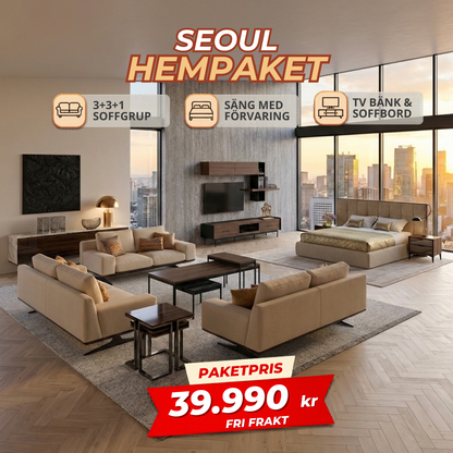 1️⃣6️⃣ SEOUL HemPaket  (Soffgrupp 3+3+1 / 3+2+1 – TV-bänk med överdel – Soffbord – Säng med förvaring)