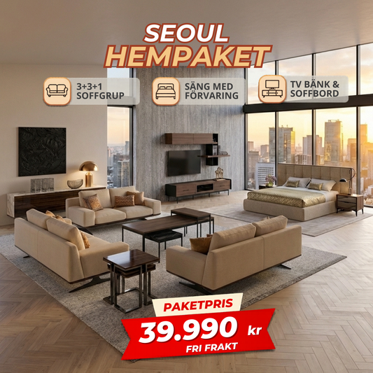 1️⃣6️⃣ SEOUL HemPaket  (Soffgrupp 3+3+1 / 3+2+1 – TV-bänk med överdel – Soffbord – Säng med förvaring)