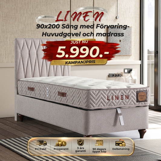 ⭐ LINEN 90x200 Sängpaket – med förvaring, huvudgavel och madrass ⏳ Begränsat antal-6 kvar