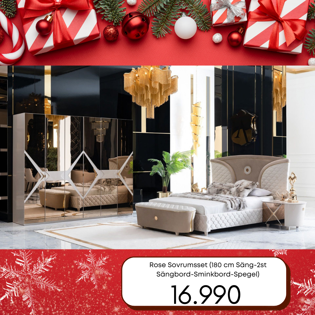 Rose Sovrumsset (180 cm Säng-2st Sängbord-Sminkbord-Spegel-Bänk)
