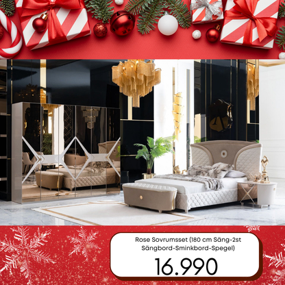 Rose Sovrumsset (180 cm Säng-2st Sängbord-Sminkbord-Spegel-Bänk)