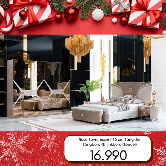 Rose Sovrumsset (180 cm Säng-2st Sängbord-Sminkbord-Spegel-Bänk)