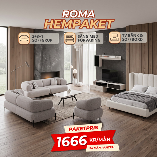 2️⃣4️⃣ ROMA HemPaket (Aronya-A 3+3+1 Soffgrupp – Madrid TV-Bänk – Madrid Soffbord – Madrid Säng med förvaring)