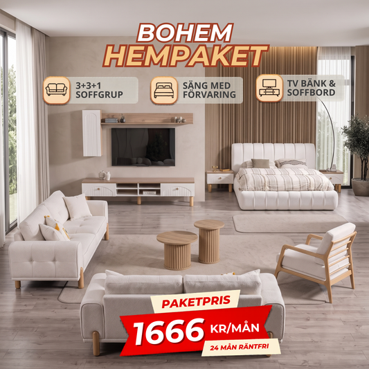 1️⃣9️⃣ BOHEM HemPaket (Baha 3+3+1 Soffgrupp – Baha TV-Bänk – Baha Soffbord – Baha Säng med förvaring)