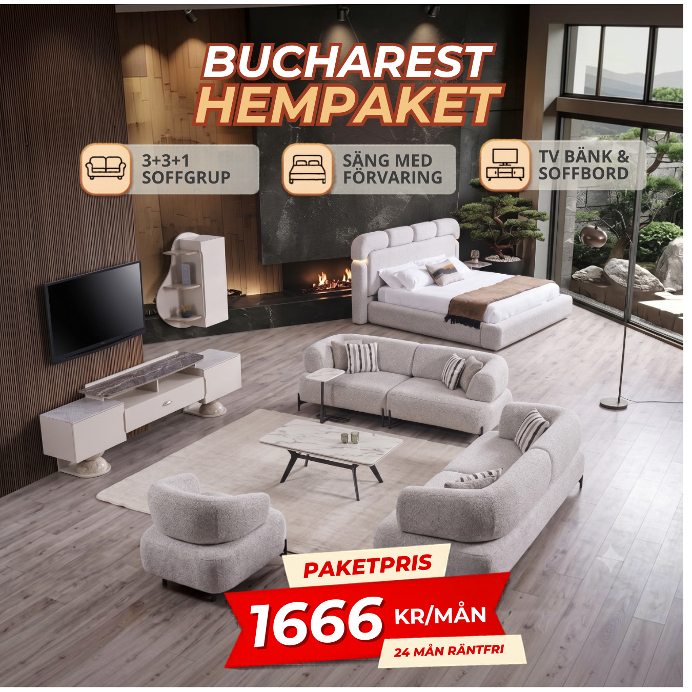 1️⃣8️⃣ Bucharest HemPaket (Aronya-A 3+3+1 Soffgrupp – Avva TV-Bänk-Avva Soffbord – Avva Säng med förvaring)