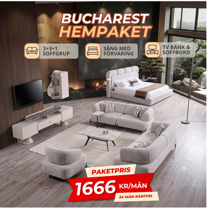 1️⃣8️⃣ Bucharest HemPaket (Aronya-A 3+3+1 Soffgrupp – Avva TV-Bänk-Avva Soffbord – Avva Säng med förvaring)