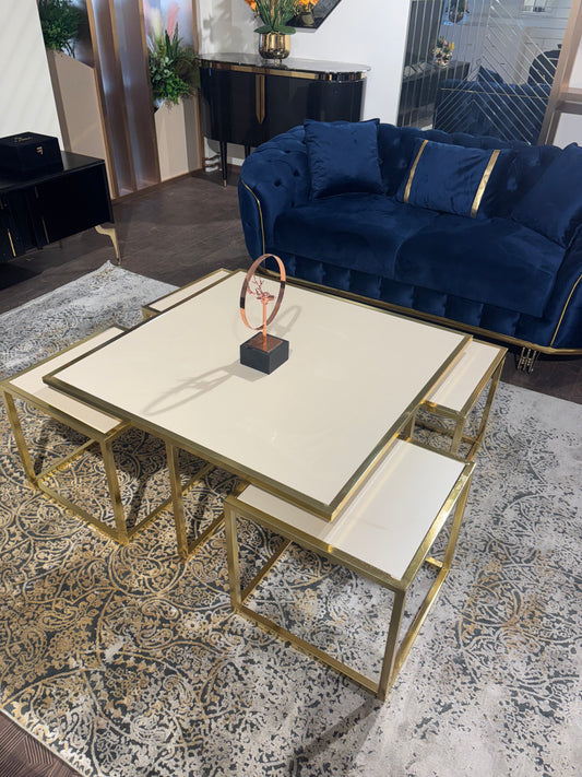 Cinar Soffbord 4+1 - Beige Träd Guld Ben