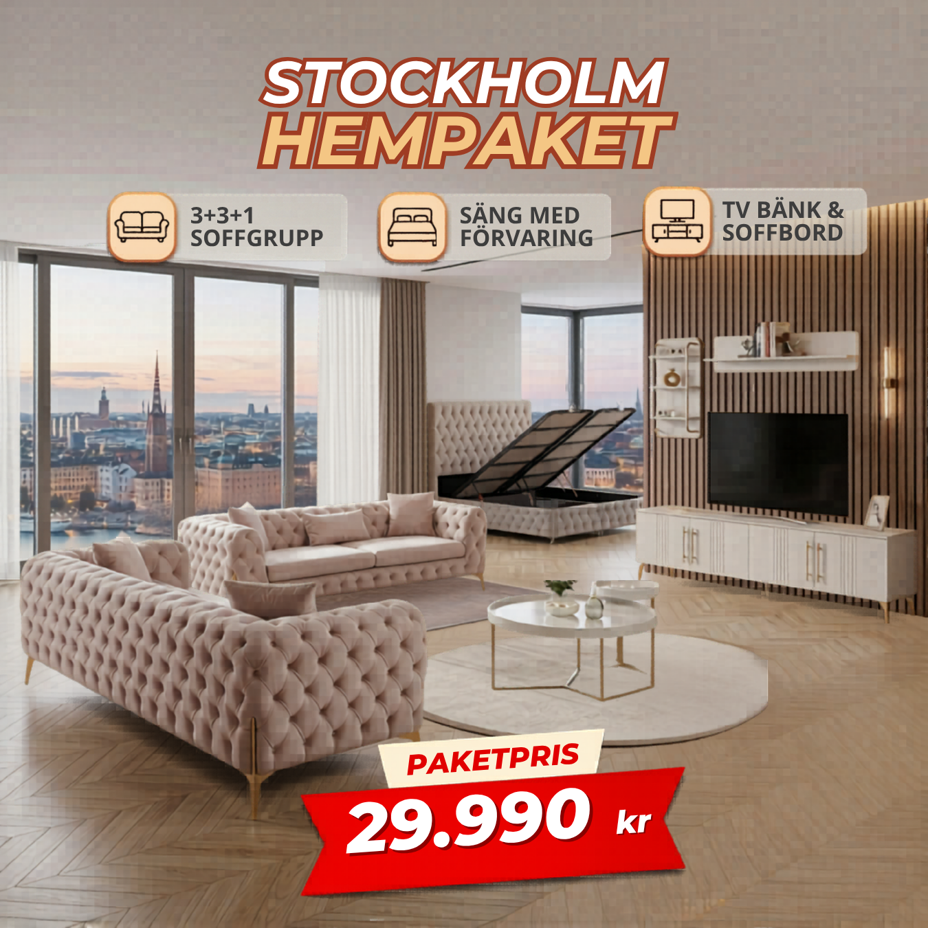 1️⃣ Stockholm HemPaket (Sofa Set – TV Stand – Coffee Table – Bed with storage)