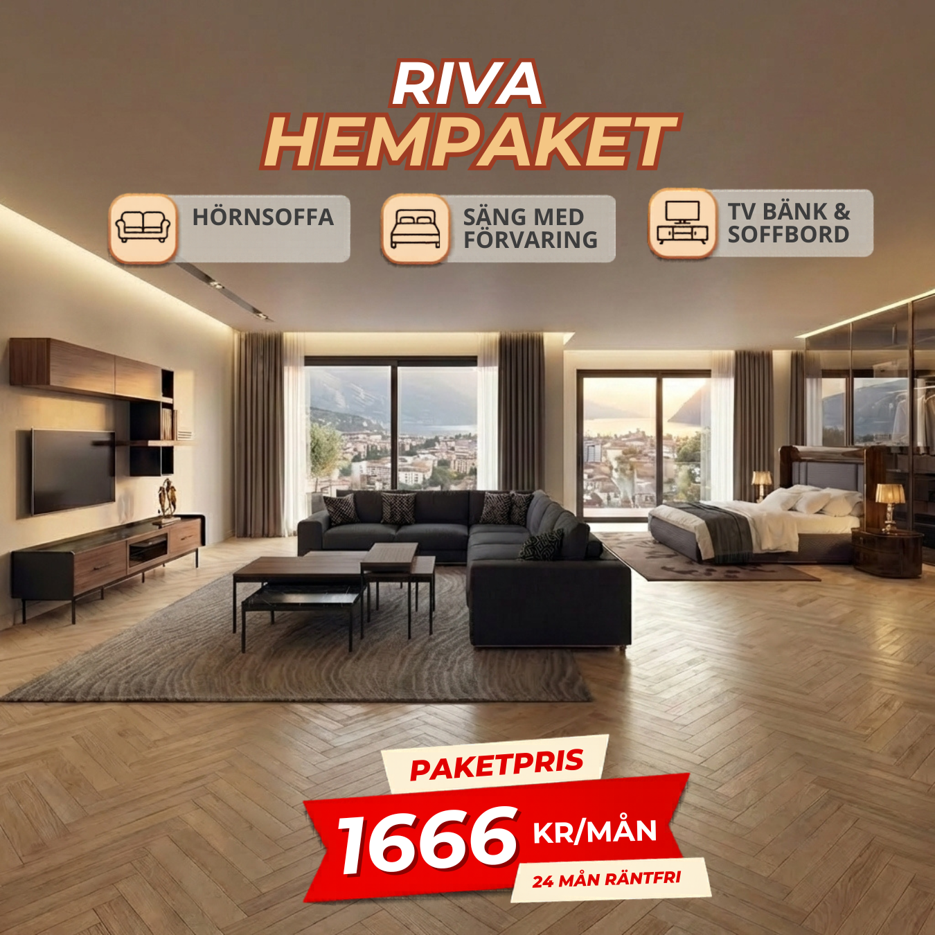 1️⃣3️⃣ RIVA HemPaket  (Hörnsoffa – TV-bänk med överdelen – Soffbord – Säng med förvaring)