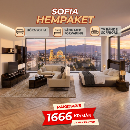 1️⃣4️⃣ SOFIA HemPaket  (Elegant Hörnsoffa – Lisa TV-Bänk med överdelen– Soffbord – Favor Säng med förvaring)