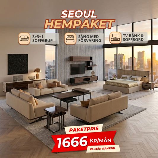 1️⃣6️⃣ SEOUL HemPaket  (Soffgrupp 3+3+1 / 3+2+1 – TV-bänk med överdel – Soffbord – Säng med förvaring)