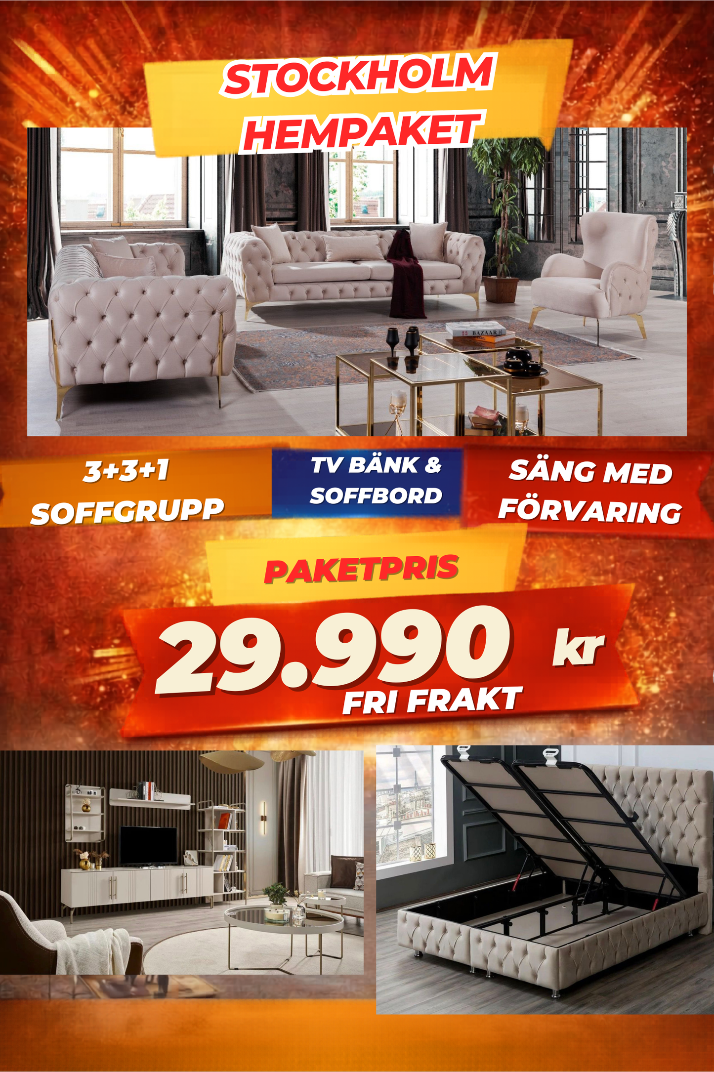 1️⃣ Stockholm HemPaket (Soffgrupp – TV-bänk – Soffbord – Säng med förvaring)
