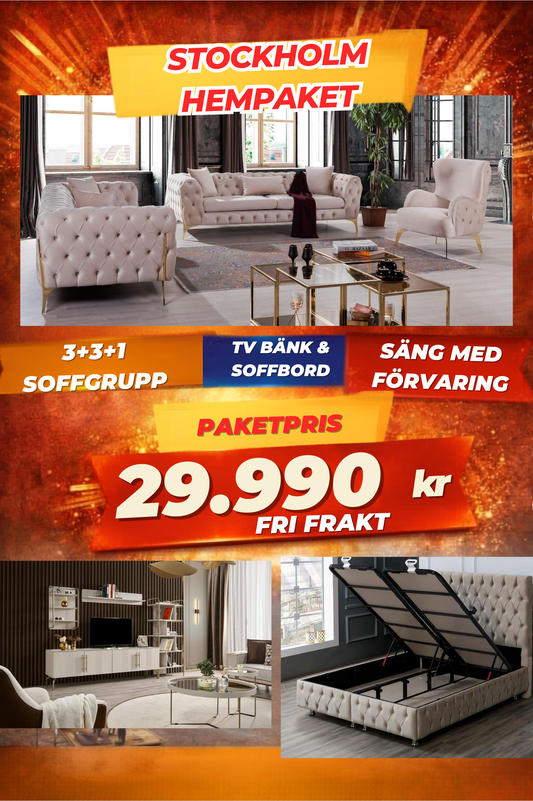 1️⃣ Stockholm HemPaket (Soffgrupp – TV-bänk – Soffbord – Säng med förvaring)