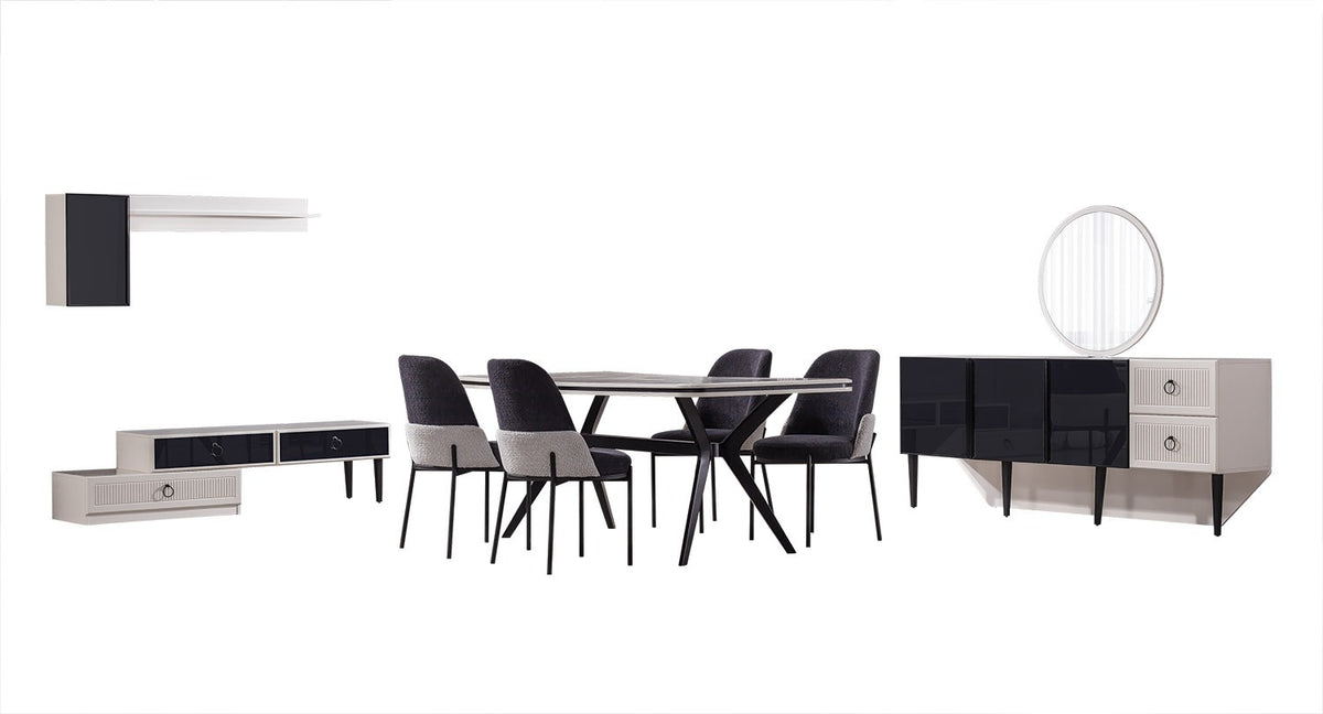 SAVANA-B Vardagsrumsset (Matbord med 6 Stolar + TV-Bänk)