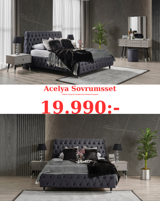 Acelya Sovrumsset (160cm/180cm Säng-2st Sängbord-Sminkbord-Spegel)