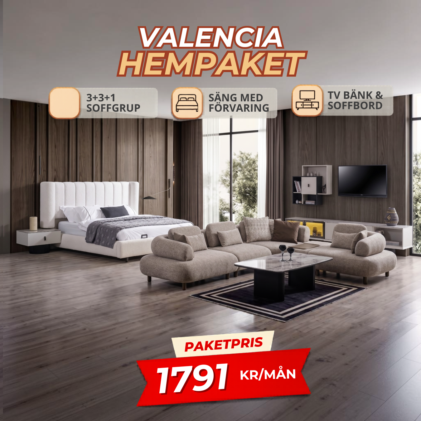 2️⃣5️⃣ VALENCIA HemPaket (Barcelona-B Hörnsoffa – Barcelona-A TV-Bänk-Barceola Soffbord- – Barcelona-A Säng med förvaring)