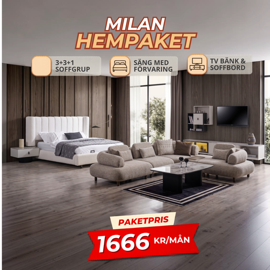 2️⃣6️⃣ MILAN HemPaket (Barcelona-E Hörnsoffa – Barcelona-A TV-Bänk – Barcelona-A Säng med förvaring)