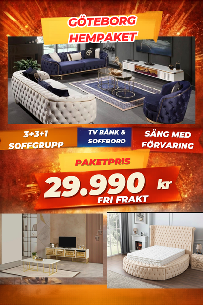 2️⃣ Göteborg HemPaket (Soffgrupp – TV-bänk – Soffbord – Säng med förvaring)