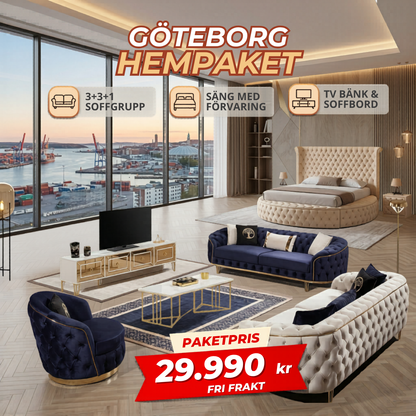 2️⃣ Göteborg HemPaket (Sofa Set – TV Stand – Coffee Table – Bed with storage)