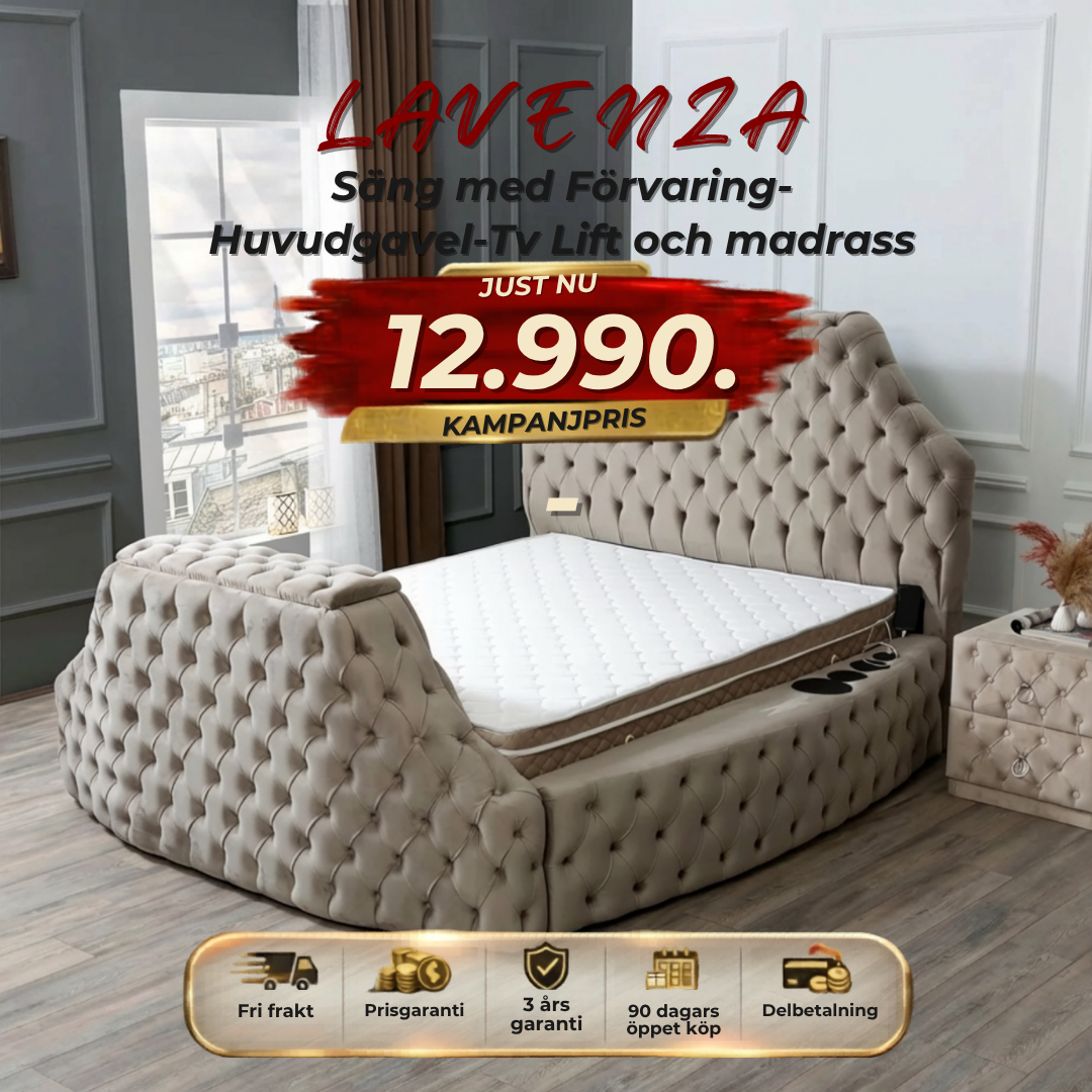 ⭐ LAVENZA Bedpaket – with storage, headboard, TV-lift and mattress ⏳ Begränsat antal – passa på!