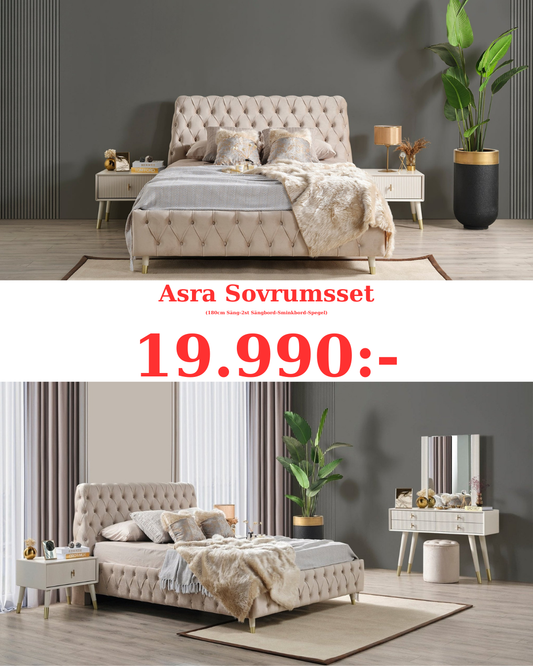 Asra Sovrumsset (180cm Säng-2st Sängbord-Sminkbord-Spegel)