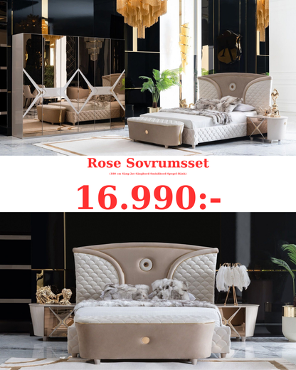 Rose Sovrumsset (180 cm Säng-2st Sängbord-Sminkbord-Spegel-Bänk)
