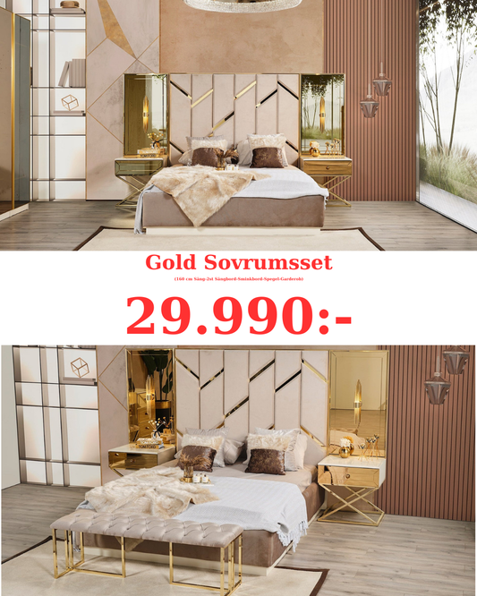 Gold Sovrumsset (160 cm Säng-2st Sängbord-Sminkbord-Spegel-Garderob)