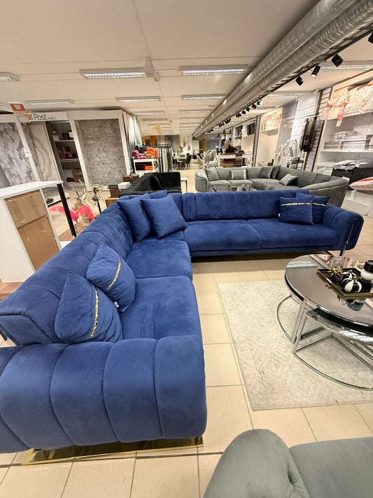 Bold Hörnsoffa - Blå med Guld Ben