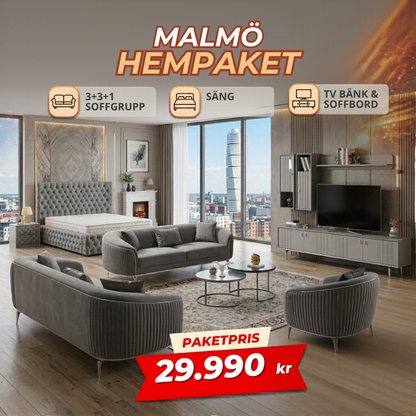 3️⃣ Malmö HemPaket (Soffgrupp – TV-bänk – Soffbord – Säng med förvaring)