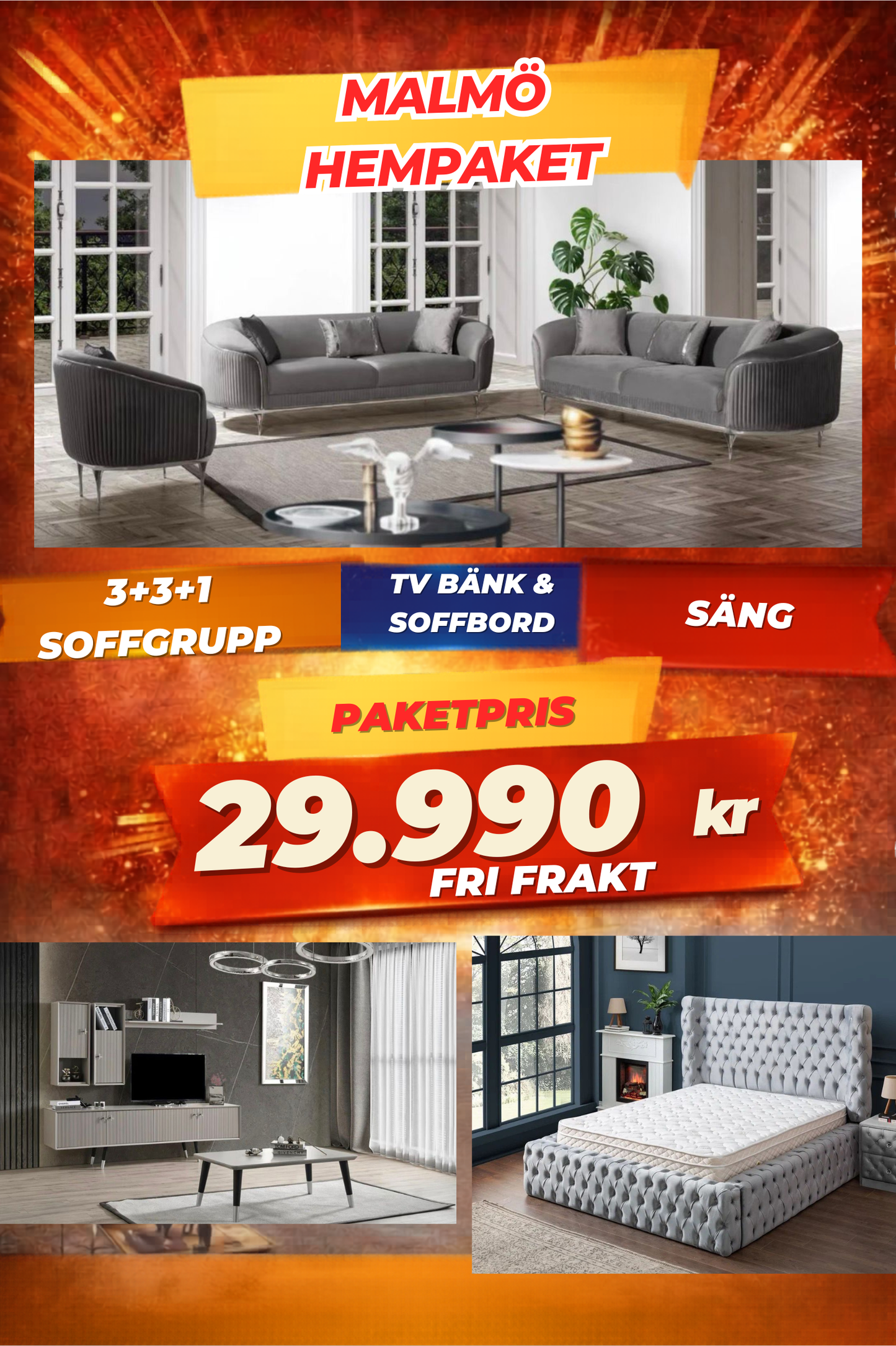 3️⃣ Malmö HemPaket (Soffgrupp – TV-bänk – Soffbord – Säng med förvaring)
