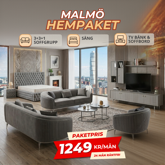 3️⃣ Malmö HemPaket (Soffgrupp – TV-bänk – Soffbord – Säng med förvaring)