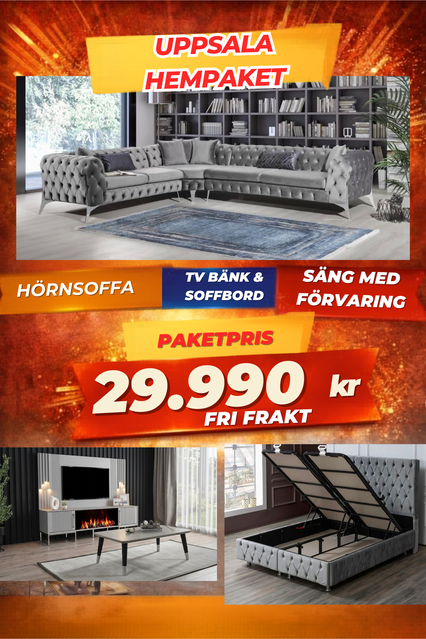 4️⃣ Uppsala HemPaket (Hörnsoffa – TV-bänk – Soffbord – Säng med förvaring)