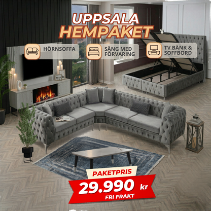 4️⃣ Uppsala HemPaket (Hörnsoffa – TV-bänk – Soffbord – Säng med förvaring)